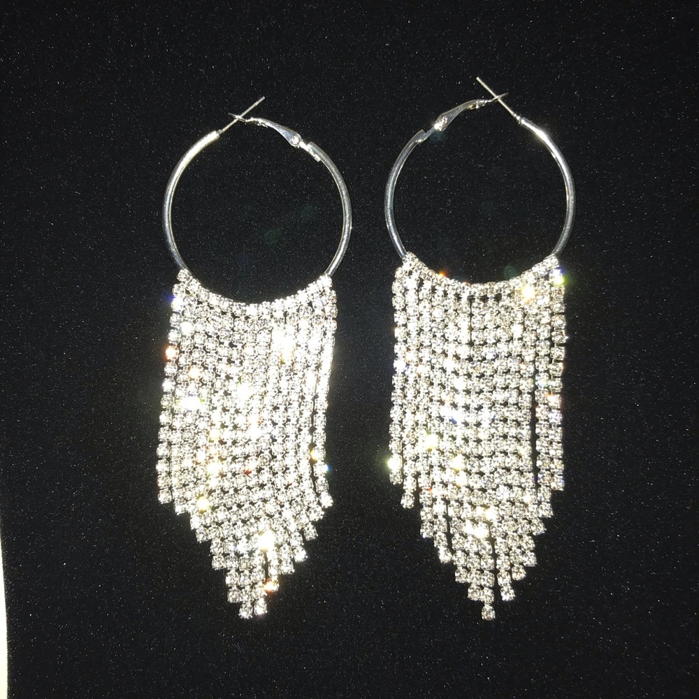Silver Rhinestone Fringe Hoop Earrings - Picture 2 of 3